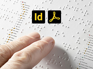 Hand mit Braille-Schrift und eingeblendeter Tag Struktur eines barrierefreien PDF Dokuments – Barrierefreie PDFs mit InDesign und Word erstellen Schulung