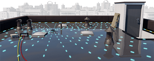 3D Rendering eines Flachdachs mit einer Stadt-Silhouette im Hintergrund