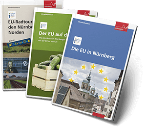 Drei Titelseiten von Broschüren des Europabüros der Stadt Nürnberg