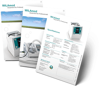 Zwei Titelseiten und eine Rückseite von Produktinformationsblättern der WILAmed GmbH