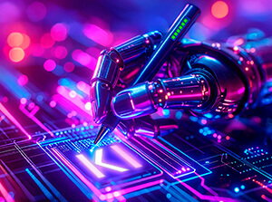 Metallische Roboterhand mit Stift schreibt auf leuchtend bunte Schaltkreise in Neonfarben. Auf der Oberfläche erscheint das hell erleuchtete Symbol KI inmitten eines futuristisch wirkenden, digitalen Schaltplans in Pink, Blau und Violett.