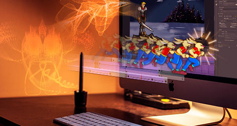 Ein Computermonitor zeigt die Benutzeroberfläche von Adobe Animate und den stilisierten Bewegungsablauf einer Comic-Figur