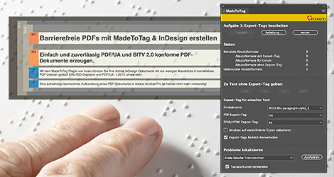 Hand mit Braille-Schrift und eingeblendeter TAG-Struktur eines barrierefreien PDF-Dokuments