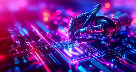 Metallische Roboterhand mit Stift schreibt auf leuchtend bunte Schaltkreise in Neonfarben. Auf der Oberfläche erscheint das hell erleuchtete Symbol KI inmitten eines futuristisch wirkenden, digitalen Schaltplans in Pink, Blau und Violett.
