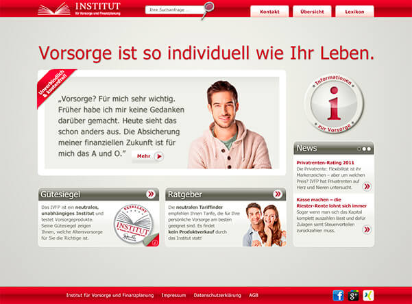 Screendesign-Entwurf der Homepage des Instituts für Vorsorge- und Finanzplanung