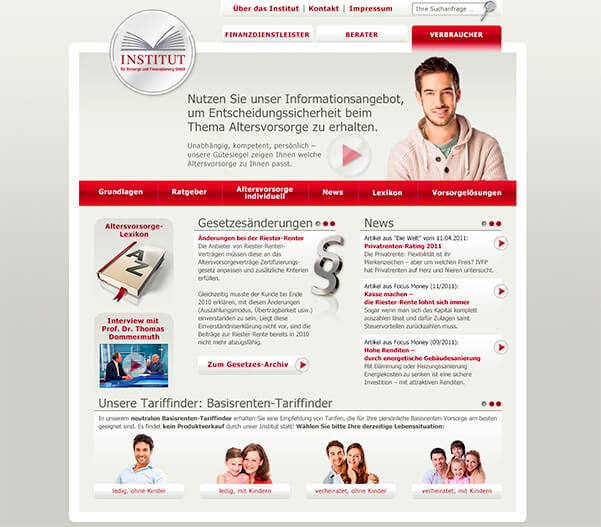 Screendesign-Entwurf der Homepage des Instituts für Vorsorge- und Finanzplanung