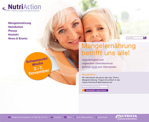 Screendesign-Entwurf der Homepage für eine Informationsseite zum Thema Mangelernährung