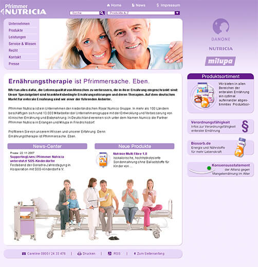 Screendesign-Entwurf der Homepage eines Spezialisten für enterale Ernährung